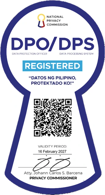 National Privacy Commission seal: registered Data Protection Officer and Data Processing System, with a verification QR code.